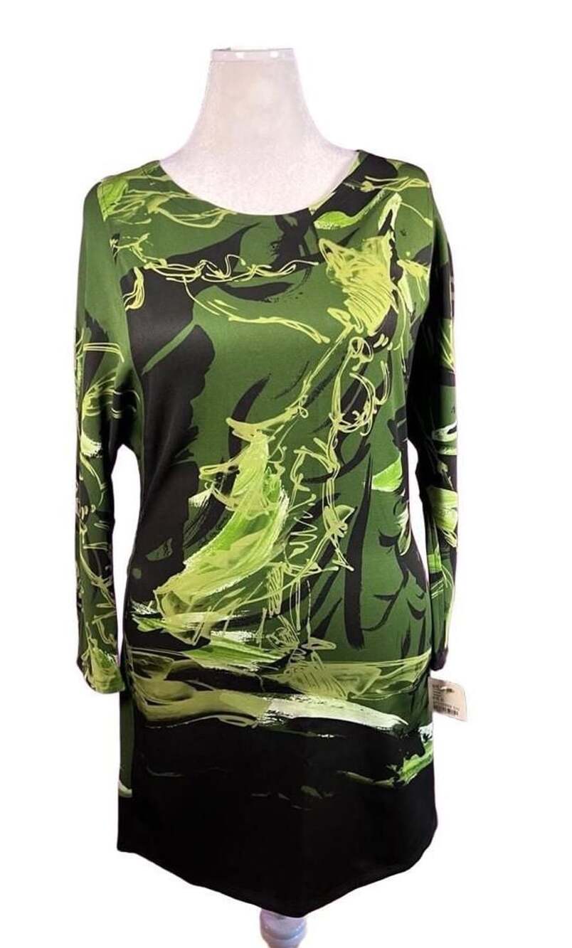 Save The Queen! Italian Designer Abstract Art Print Dress XL Green Black Made in